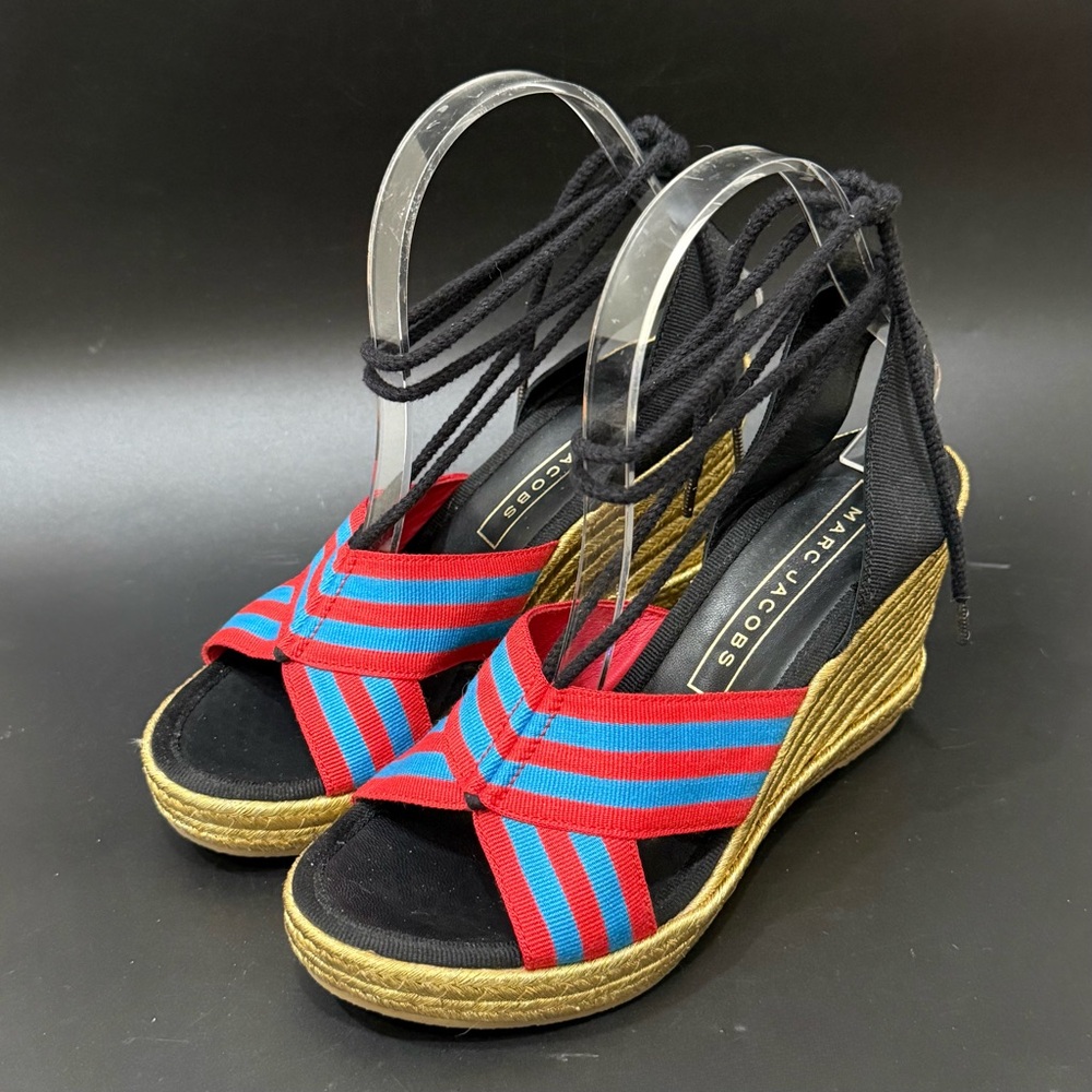 MARC JACOBS Dani Blue/Red Striped Grosgrain Espadrille Wedge Sandals Size 36